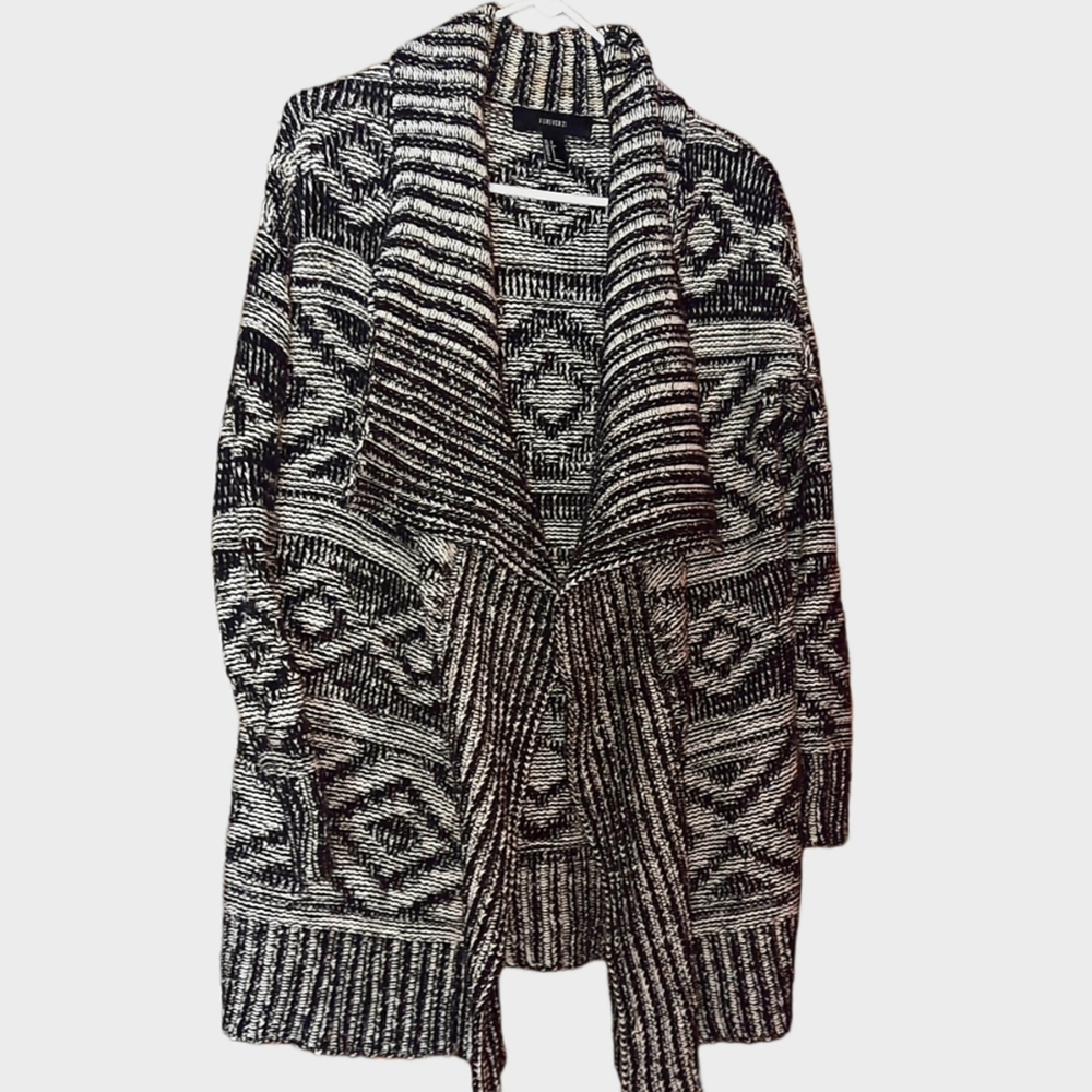 Forever 21 Knit Open Front Cardigan Sweater Heavyweight Long Black & White Small